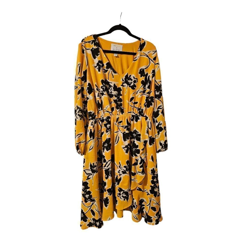 Beauticurve X Lane Bryant Yellow Floral V-Neck Ruffle Hem Dress - Size 18/20